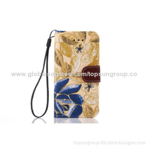 PU Leather Cases for iPhone 5S/5G, Floral Pattern with Card Slots and Hanging Rope